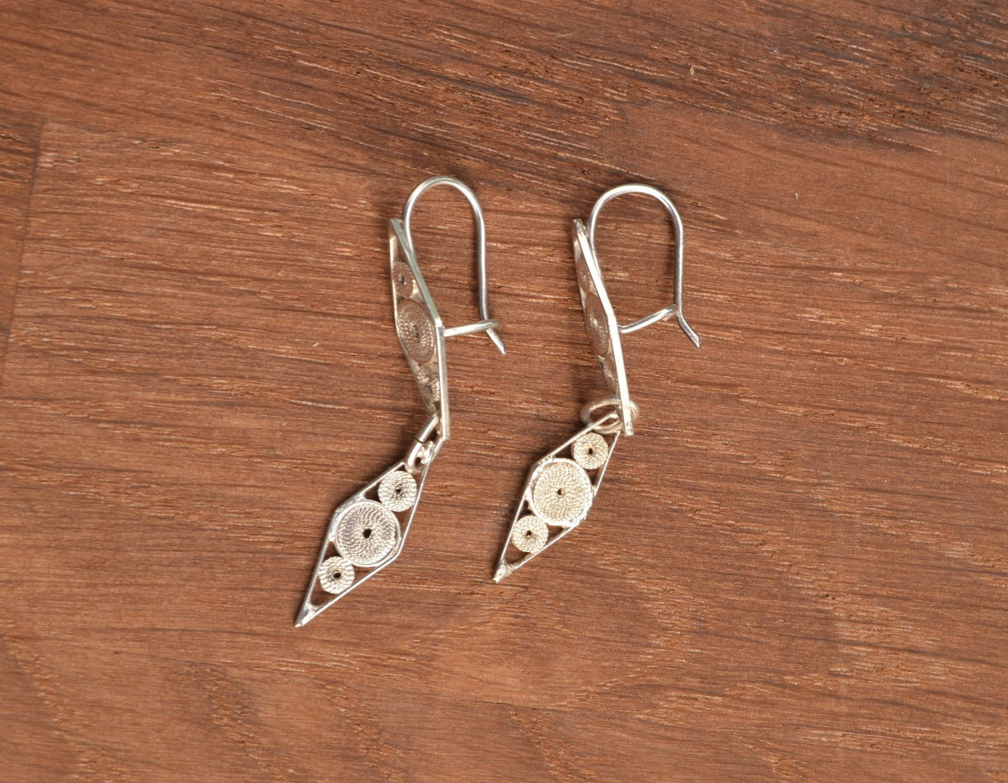 Circles and Diamonds Shaped Small Sterling Silver Filigree Earrings