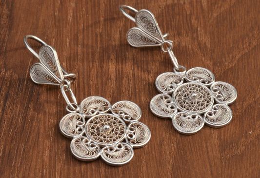 Sterling Silver Heart and Flower Filigree Earring